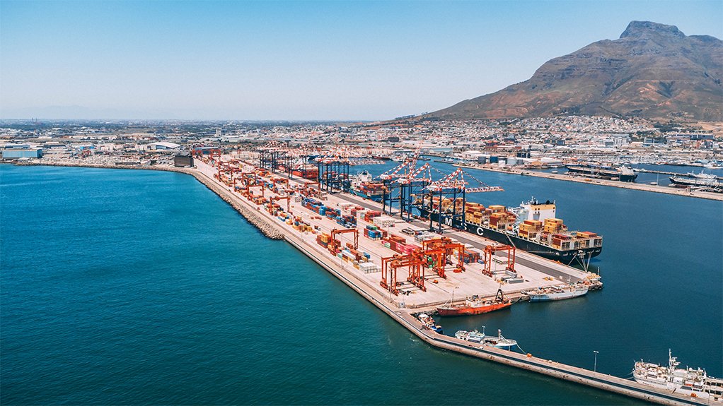 Aerial view of a container terminal with a container ship at berth